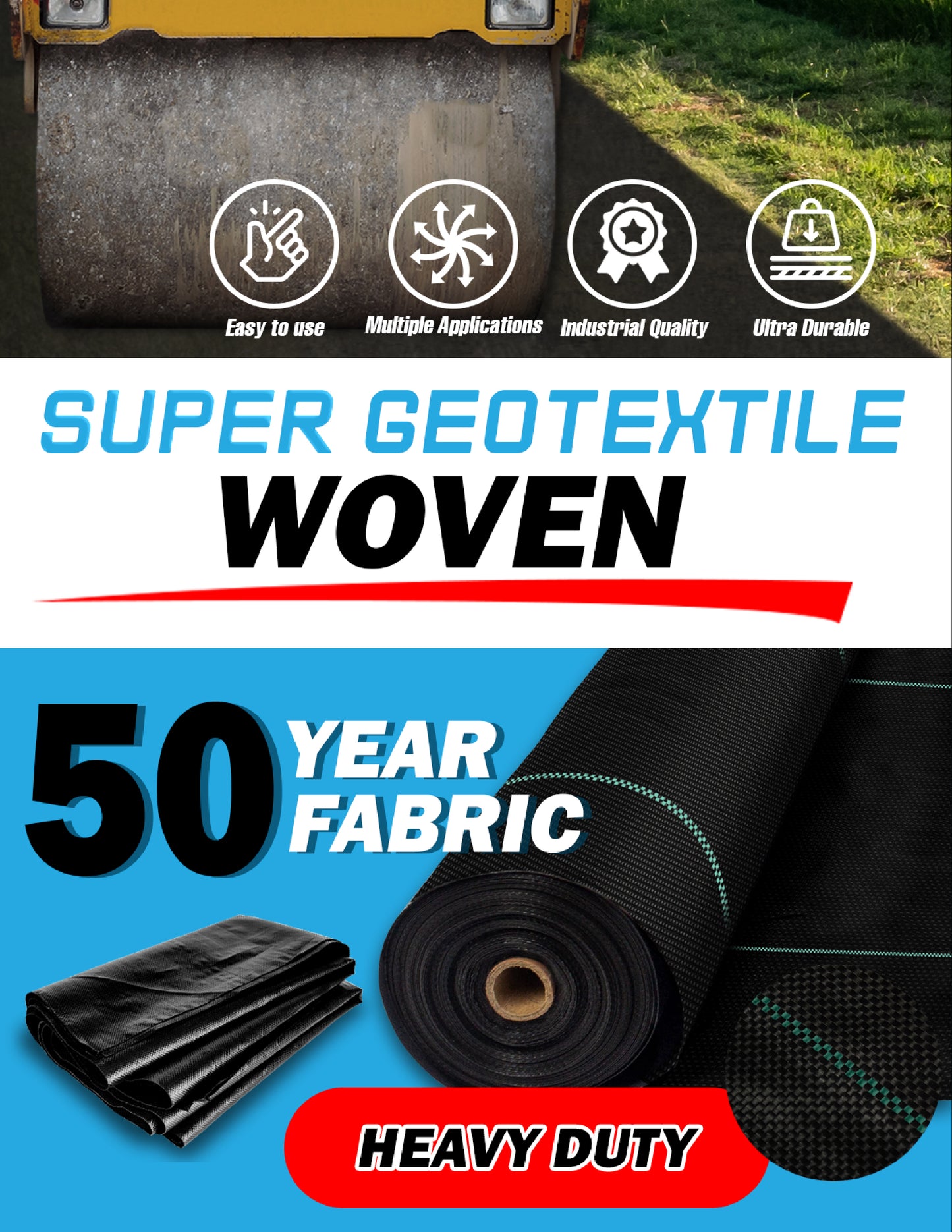 Woven Geotextile, Commercial Grade Driveway and Road Fabric for Separation and Stabilization - Heavy Duty Underlayment - 50 Year Fabric