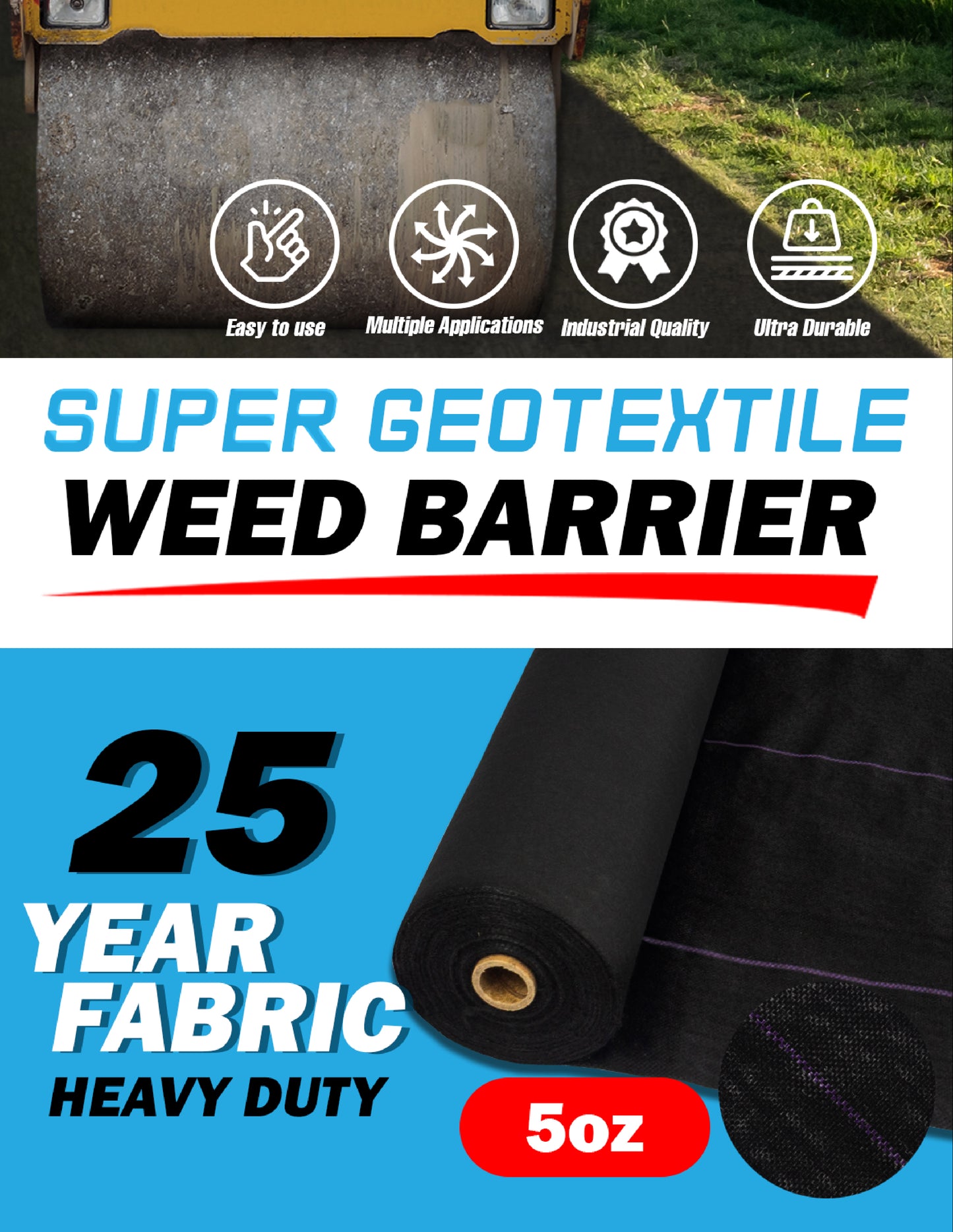 Pro Grade 5oz Weed Barrier - Heavy Duty Landscape Fabric - Weed Block - 25 Year Fabric