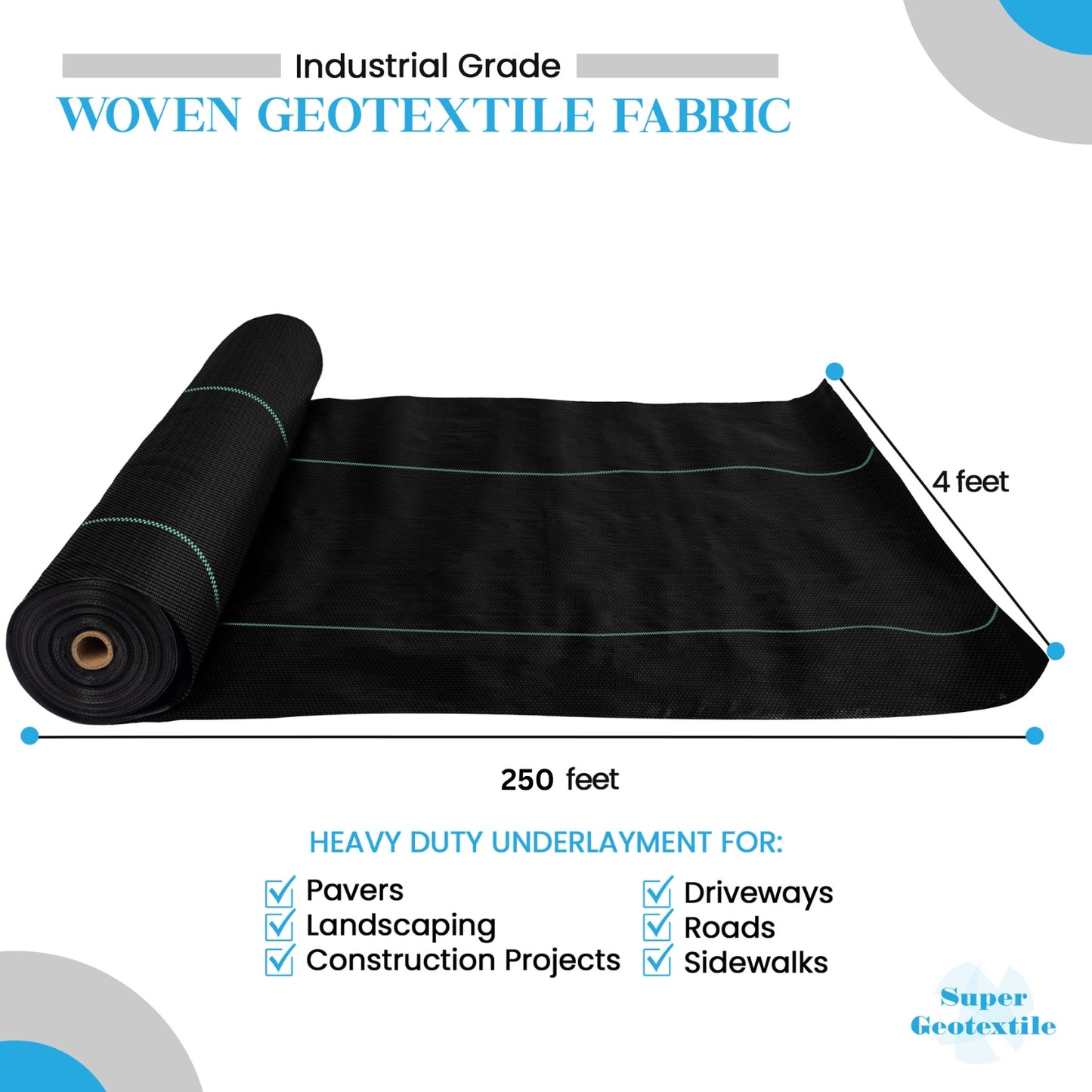 Woven Geotextile, Commercial Grade Driveway and Road Fabric for Separation and Stabilization - Heavy Duty Underlayment - 50 Year Fabric