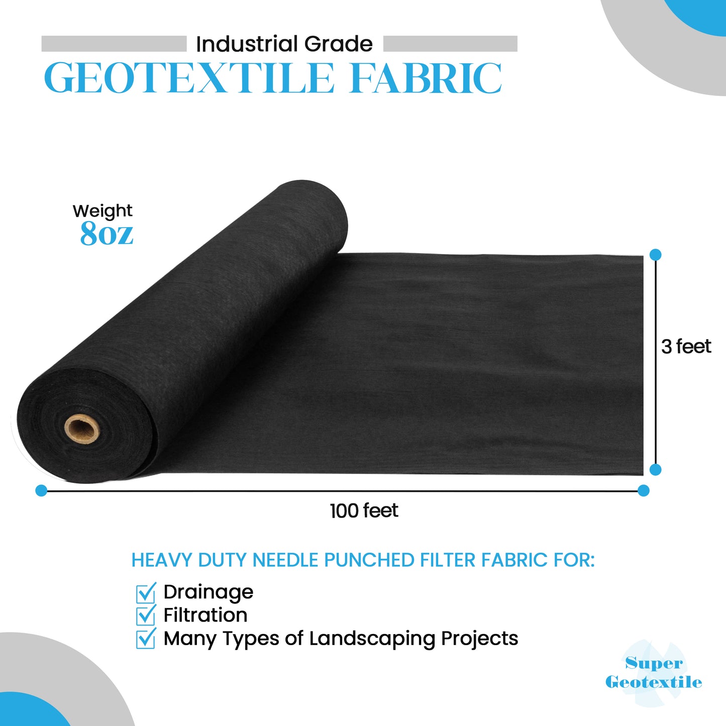 8 oz Non Woven Needle Punched Geotextile Filter Fabric - 50 Year Fabric
