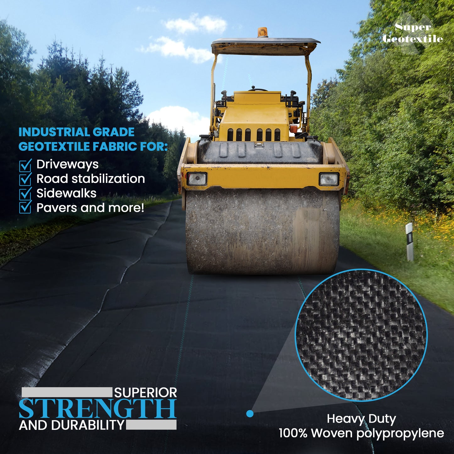 Woven Geotextile, Commercial Grade Driveway and Road Fabric for Separation and Stabilization - Heavy Duty Underlayment - 50 Year Fabric